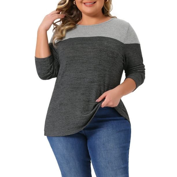 Blusa de mujer de talla grande Agnes Orinda, de punto, con cuello redondo, de manga larga, casual, suelta, en bloque de color 3X gris oscuro