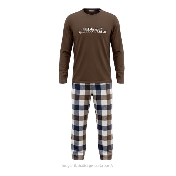 Pijama George para Caballero Set Playera Manga Larga con Pantalón Café Talla EG 2 Piezas
