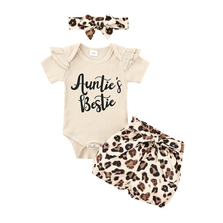 

QILINXUAN Baby Girls Romper and Shorts Summer 2Piece Outfit Short Sleeve Tops and Leopard Printed Elastic Shorts wtih Headband Set