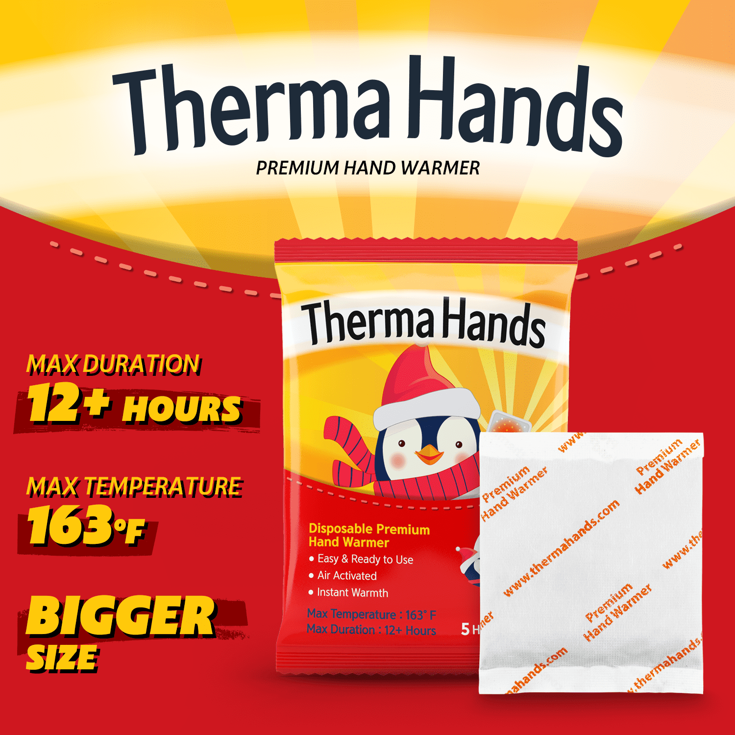 ThermaHands [EXTRA LARGE - 39PACK ] HAND WARMERS (Size: 3.5 inch x 4 inch, Duration: 12+ Hours, Max Temp: 163 F) Air-Activated, Convenient, Safe, Natural, Odorless, Long Lasting Hand Warmer