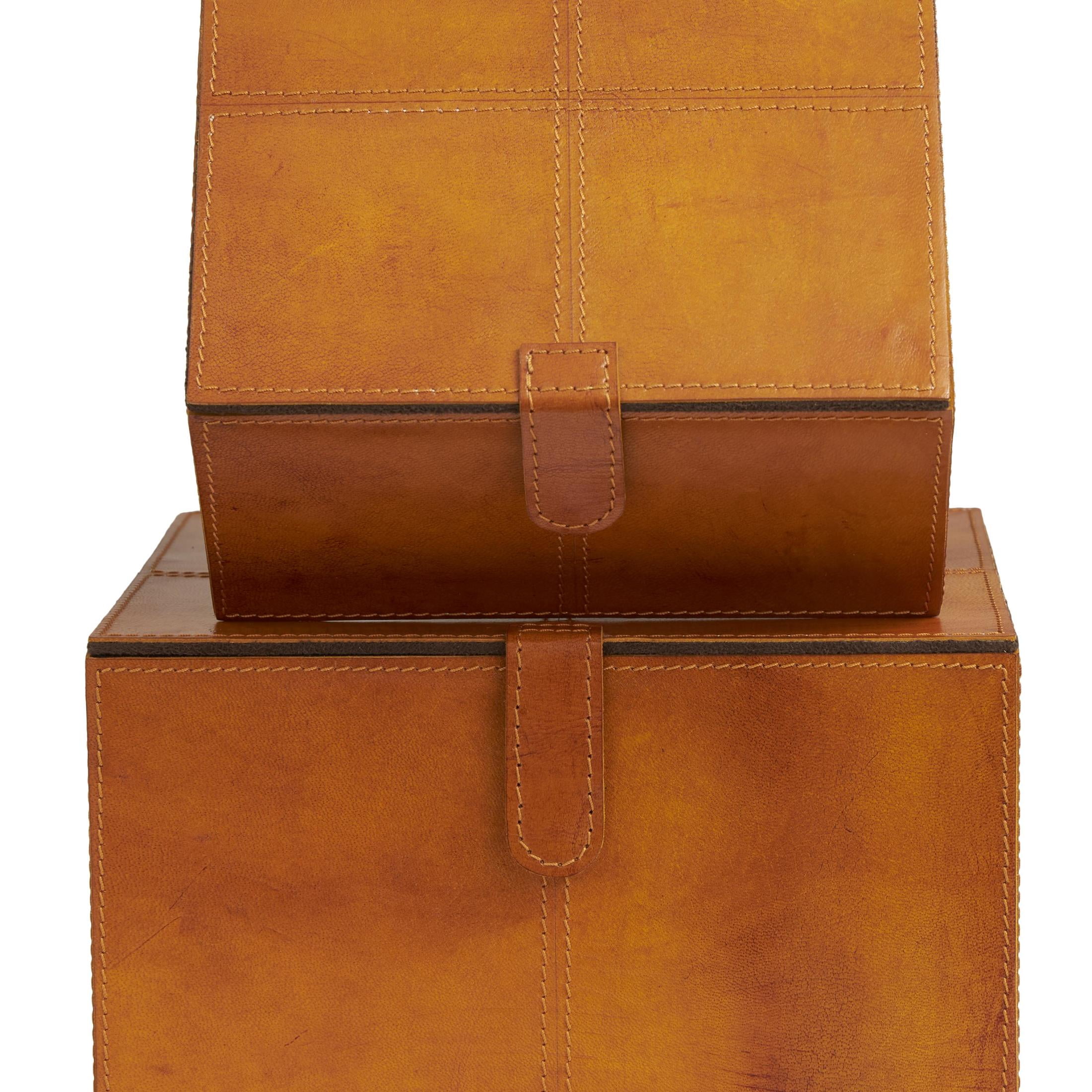 DecMode Handmade Storage Brown Leather Decorative Box with Snap Front Closure and Detailed Stitching, 2 Count