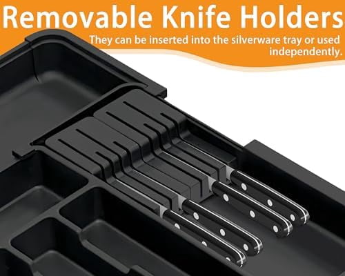 Silverware Organizer - Expandable Large Kitchen Drawer Organizer Utensil Organizer with 2 Removable Knife Blocks, 22"x 19"Cutlery Tray Drawer Dividers for Kitchen Flatware(6-9 Slots) (Black)