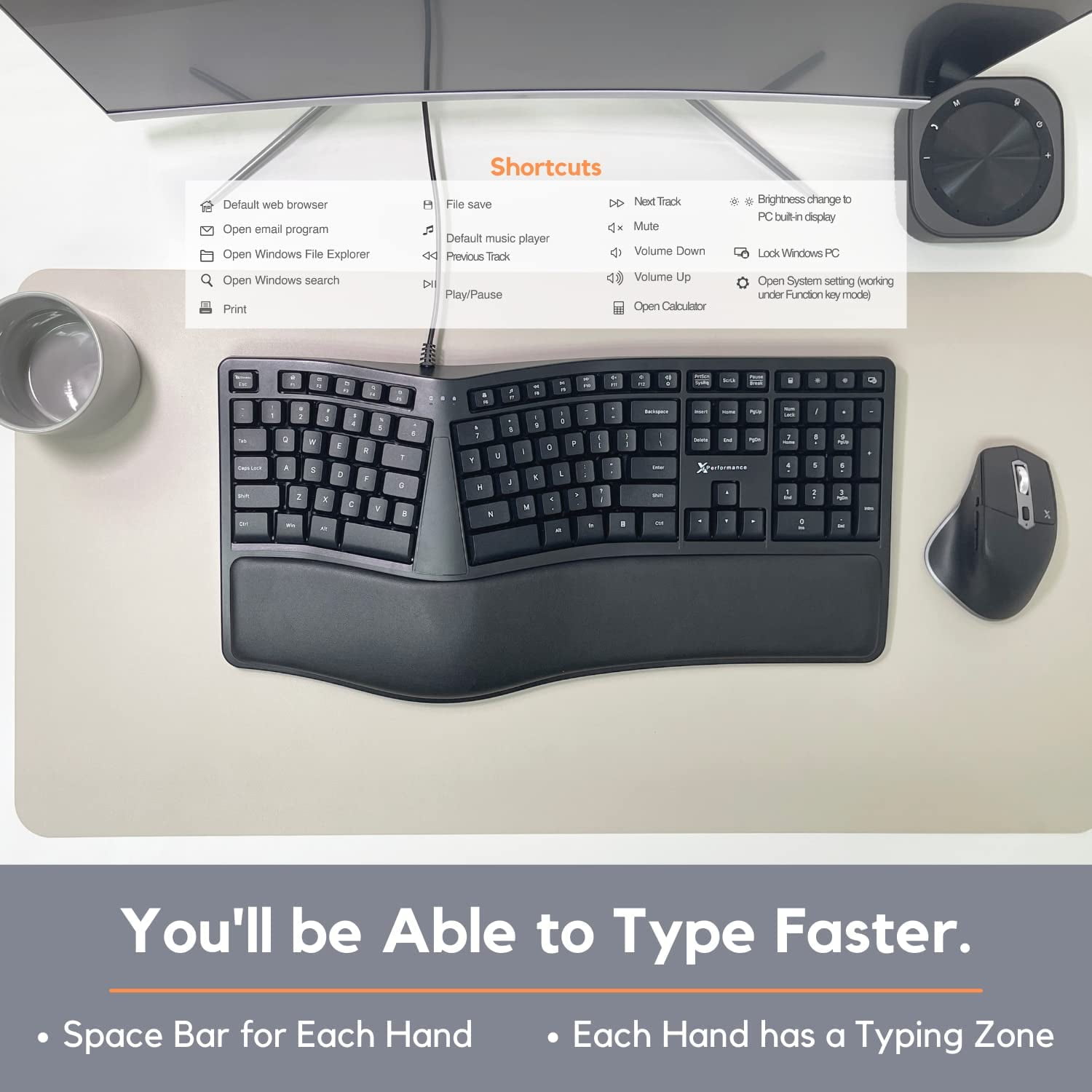X9 Performance Ergonomic Wired Keyboard with Wrist Rest, Split Design, USB