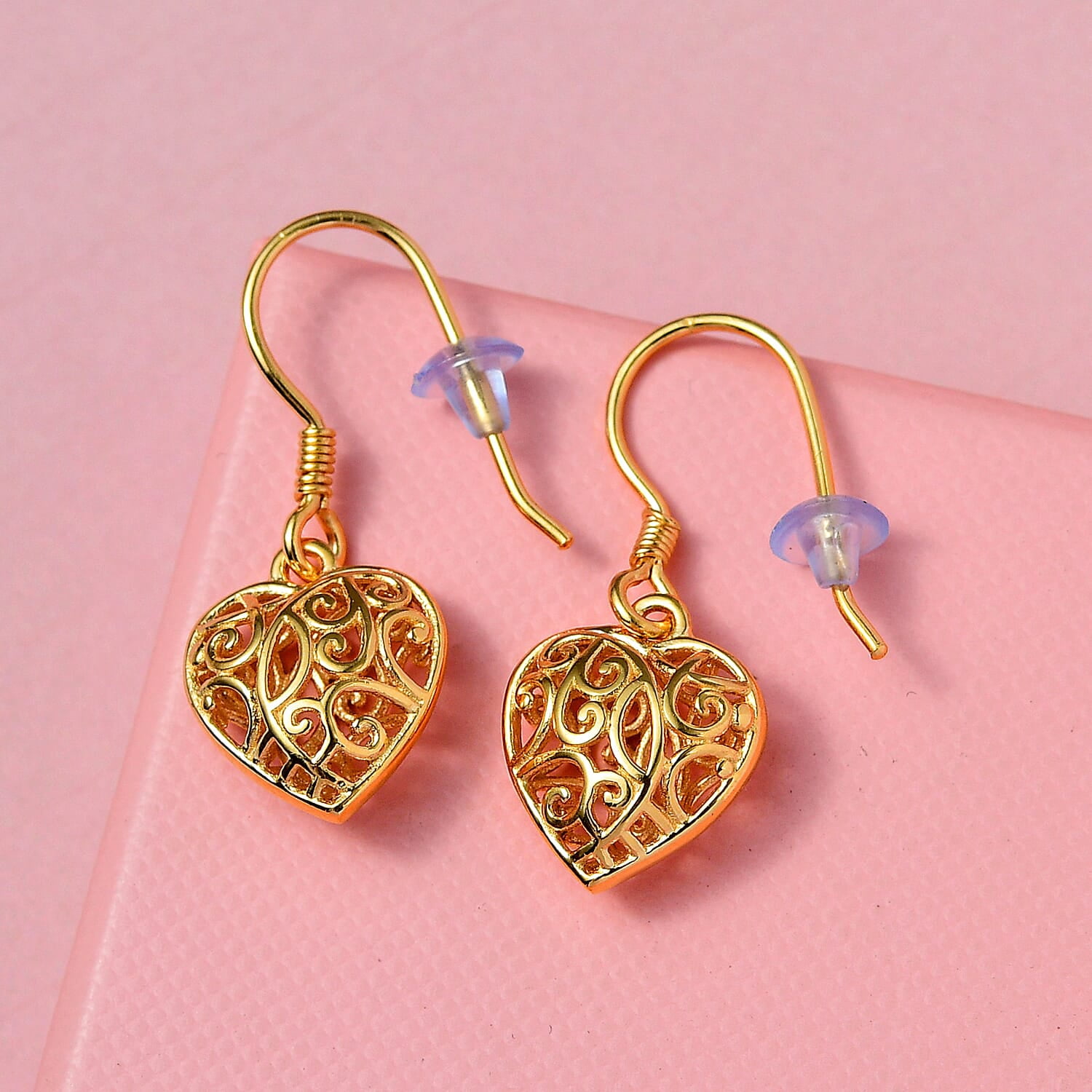 Filigree Heart Dangle Earrings - 14K Yellow Gold Plated 925 Sterling Silver Open Heart Drop Earrings - Openwork Dangling Earring Jewelry Birthday Christmas Gifts for Women