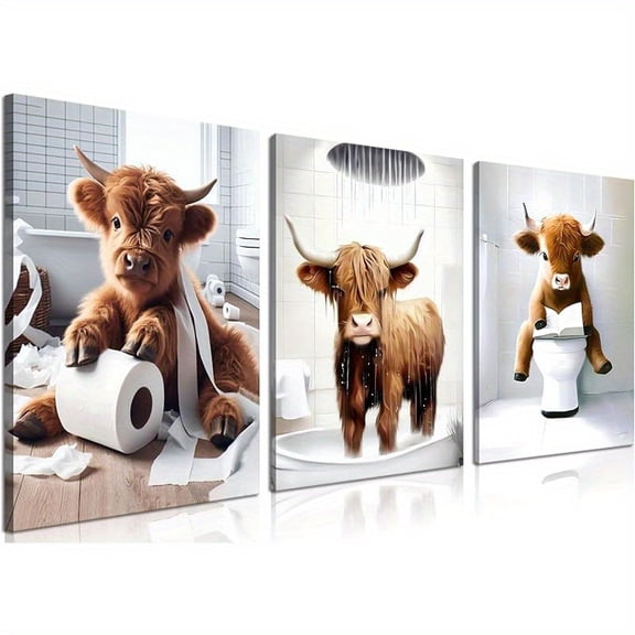 Funny Bathroom Highland Cow Canvas Wall Art, Set of 3 Brown Cute Cow Animal Prints, Rustic Vintage Farmhouse Style Bathroom Wall Decor, Framed Canvas Artwork for Restroom, Powder Room