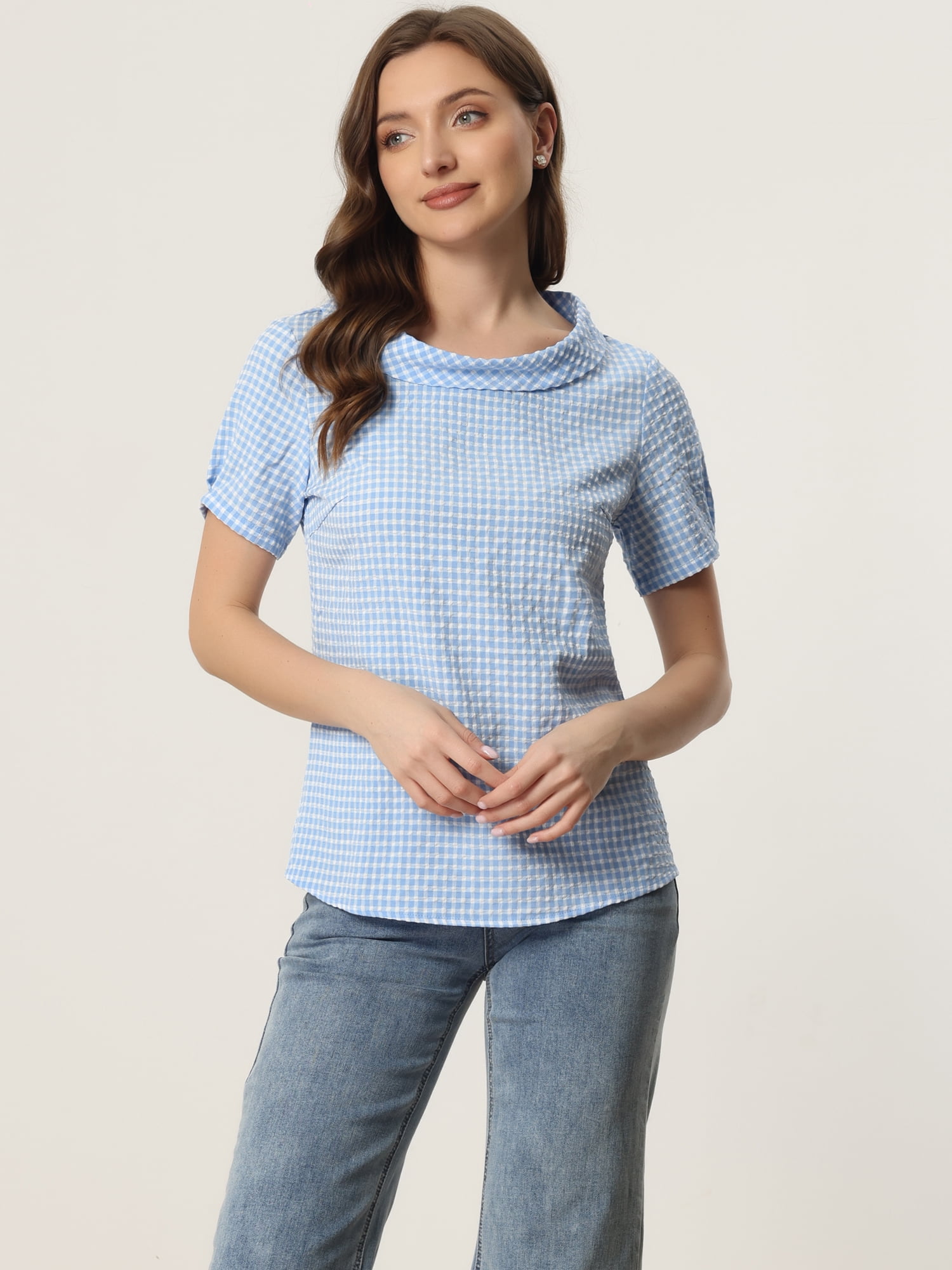 DARING DIVA Short Sleeve Casual Checked Top XL Blue