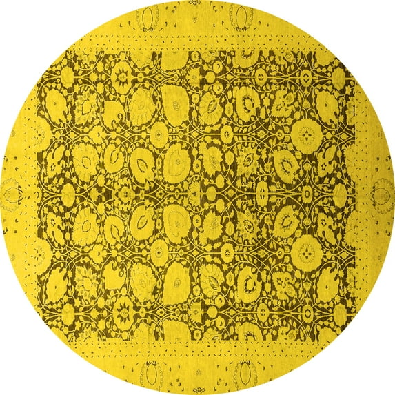 Ahgly Company Machine Washable Indoor Round Oriental Yellow Traditional Area Rugs, 5' Round