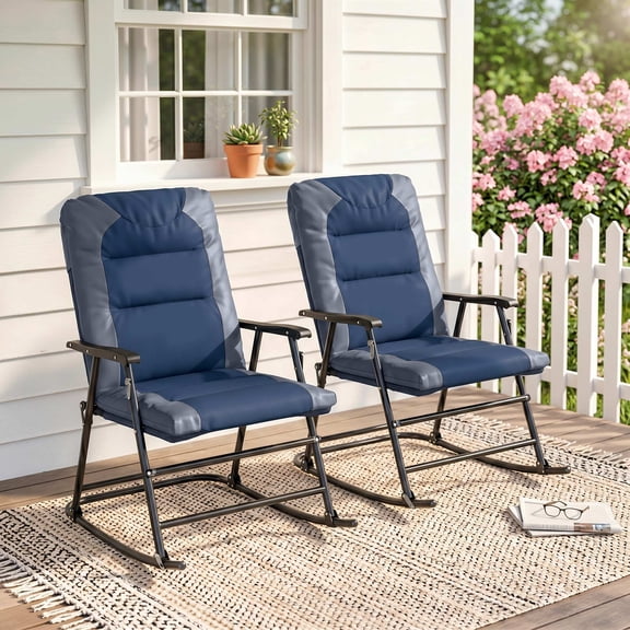 Outsunny 2 Piece Oversized Folding Rocking Camping Chair Set, Padded Outdoor Rockers with High Back, Armrests for Porch, Garden, Balcony, Navy Blue