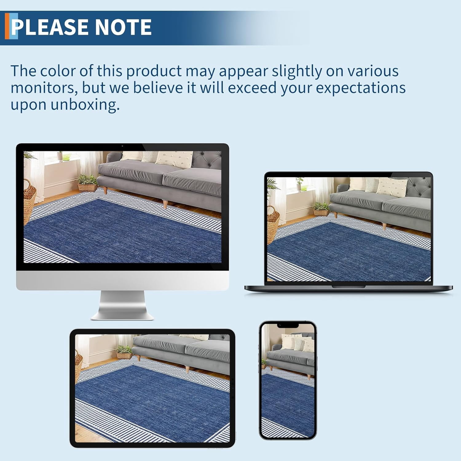 Memoryfield Modern Bordered 8' x 10' Area Rug, Washable Soft Non Slip Low Pile Stain Resistant Carpet Rugs, for Living Room Dining Room, Blue