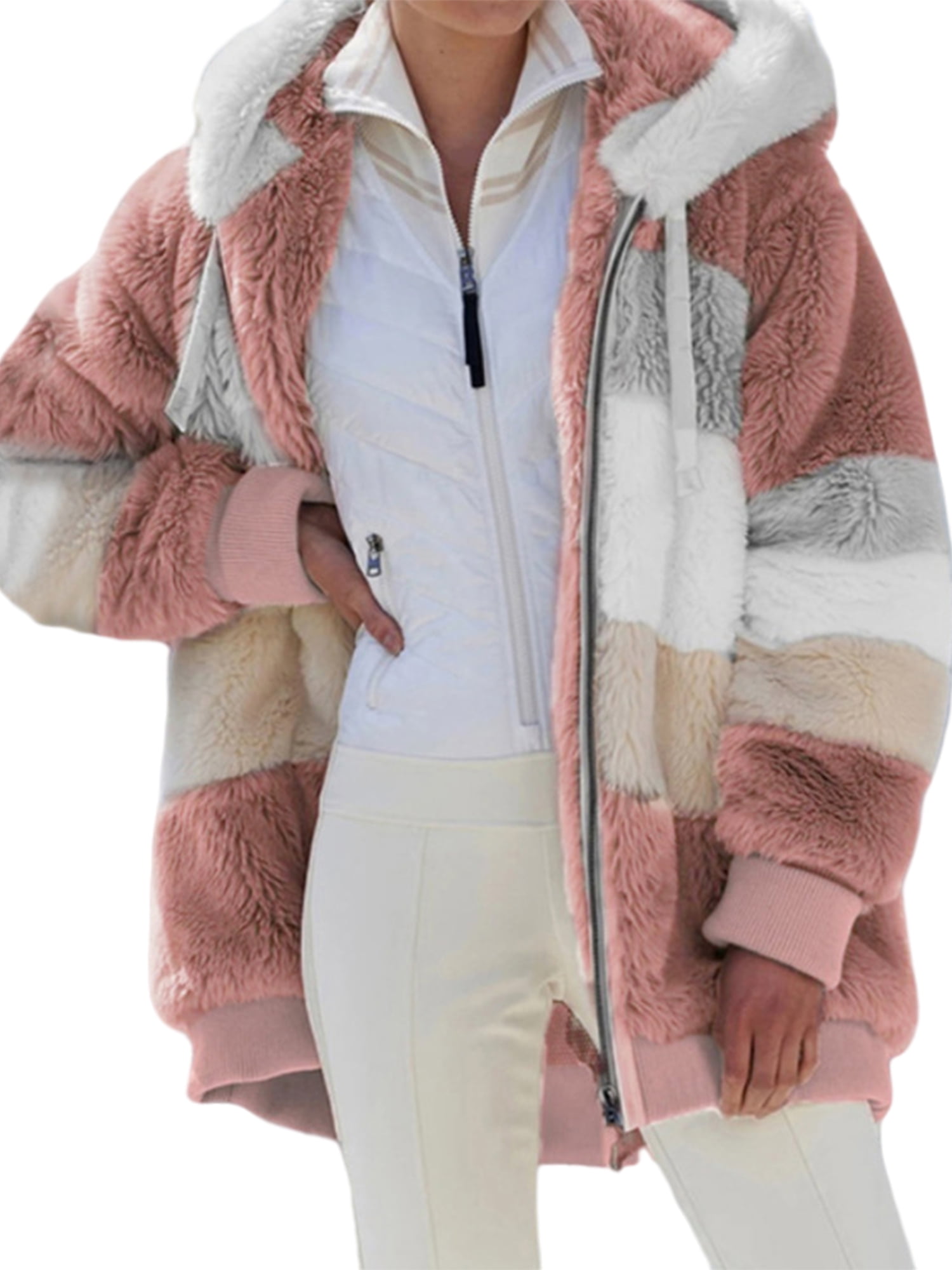 Innerwin Veste à Manches Longues pour Femmes Manteau d'Hiver Chaud Patchwork avec Poches Extérieur Rose P