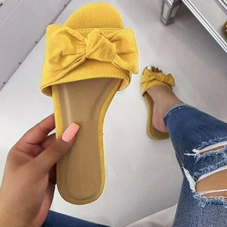 

Fjofpr Slippers for Women 2021 Summer New Flat Bow Sandals Women s Plus Size One-word Slipper Beach Shoes Hot