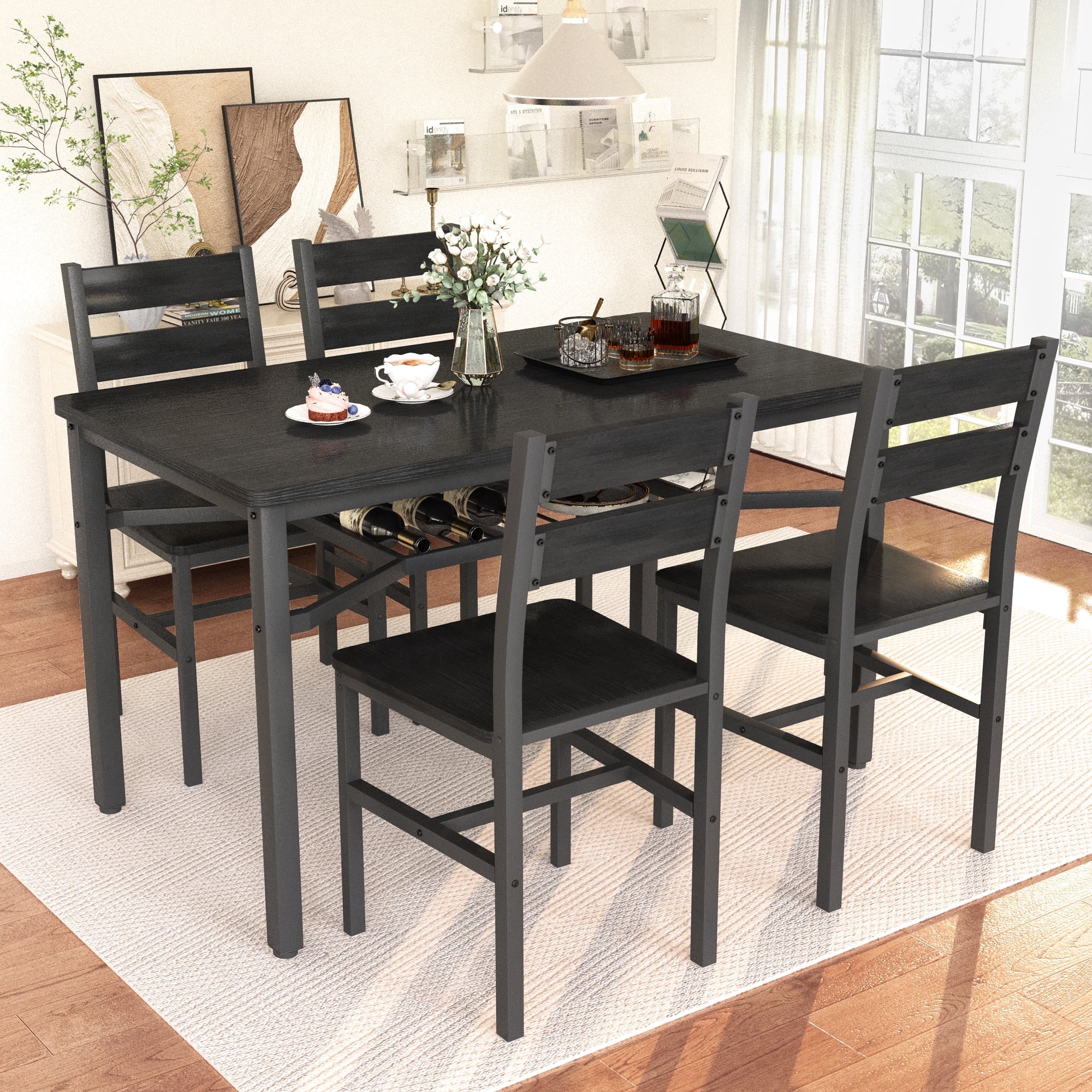 Baxluxe 4-person dining table set, farmhouse-style wooden kitchen dining table and chair set, farmhouse 5-piece dining table set with storage rack, small kitchen dining table set,Black