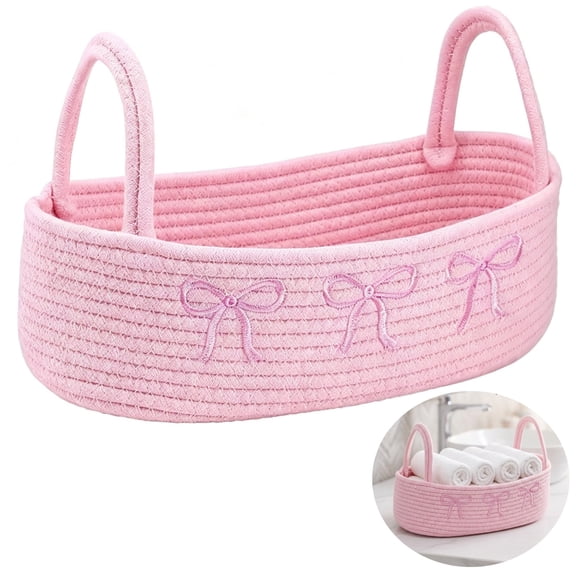 Pink Bow Woven Storage Basket, Cotton Rope Basket with Embroidered Bow, Small Bathroom Organizer Bin with Handles, Foldable Shelf Holder for Towels, Toilet Paper, Toys, Nursery