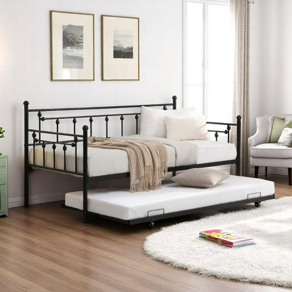 Gzxs Modern Twin Size Daybed with Trundle, Metal Frame Sofa Bed with Pull-Out Bed, Space-Saving Design for Guest Room or Living Room (Black)
