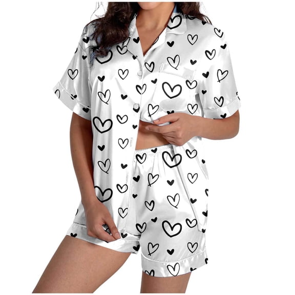 KKBOTIVE Valentines Pajamas for Women Button Up Shirt and Shorts 2 Piece Sets Sleepwear Fashion Night Wear Clothes for Women ( 6-White Size: L )