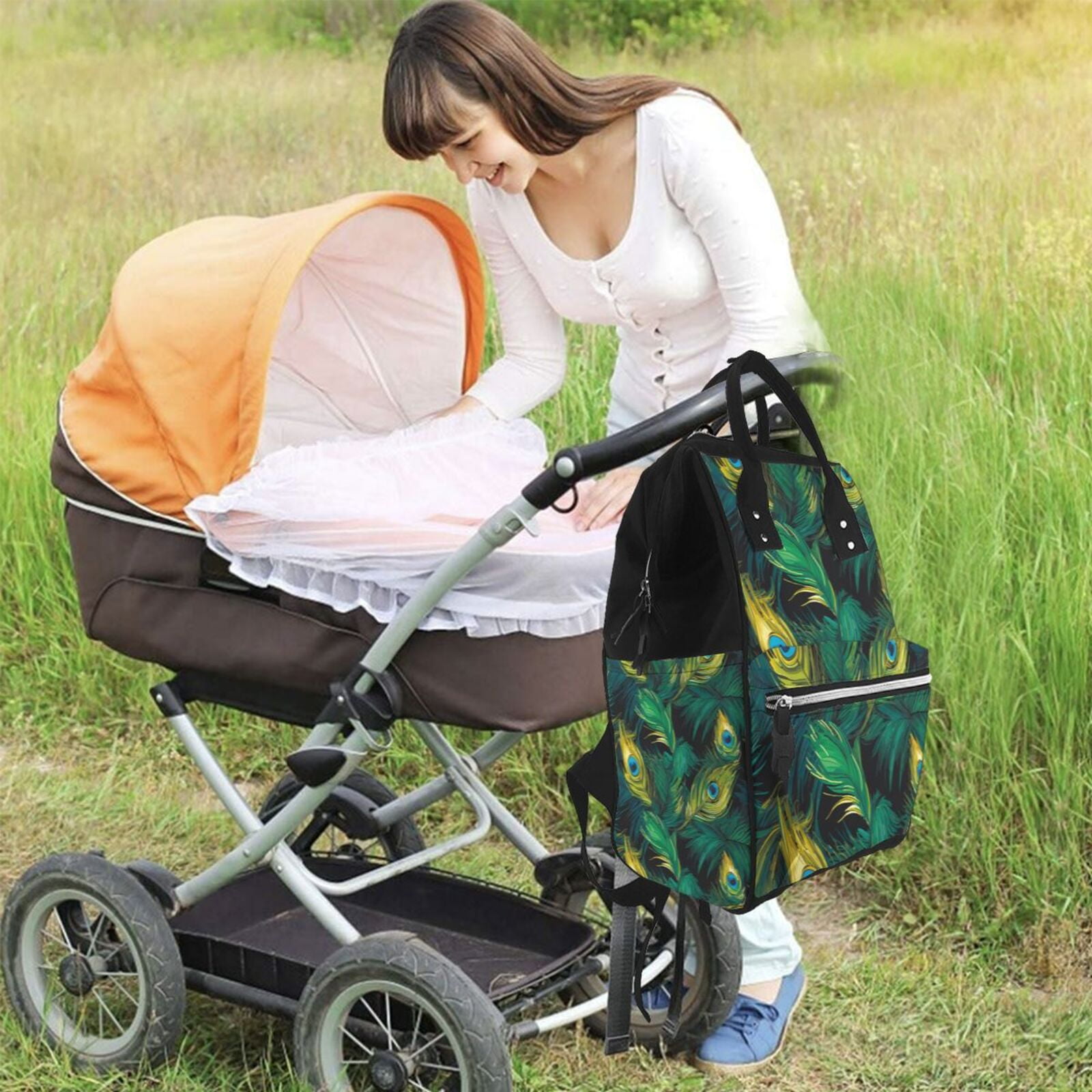Ratiio Peacock Feathers2 Mummy Backpack - Waterproof Twill Canvas, Large Capacity Diaper Bag with Multiple Pockets and Adjustable Straps