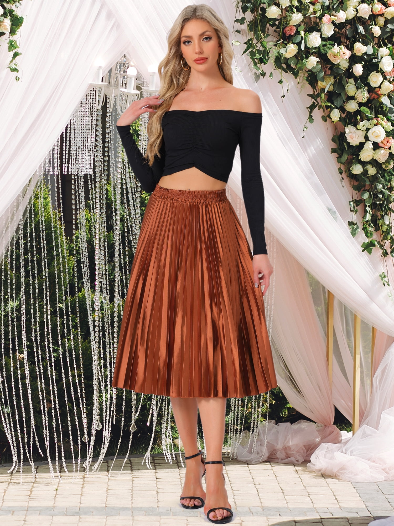 DARING DIVA Women's Midi Length Elastic High Waisted Pleated Skirt M Orange Coffee