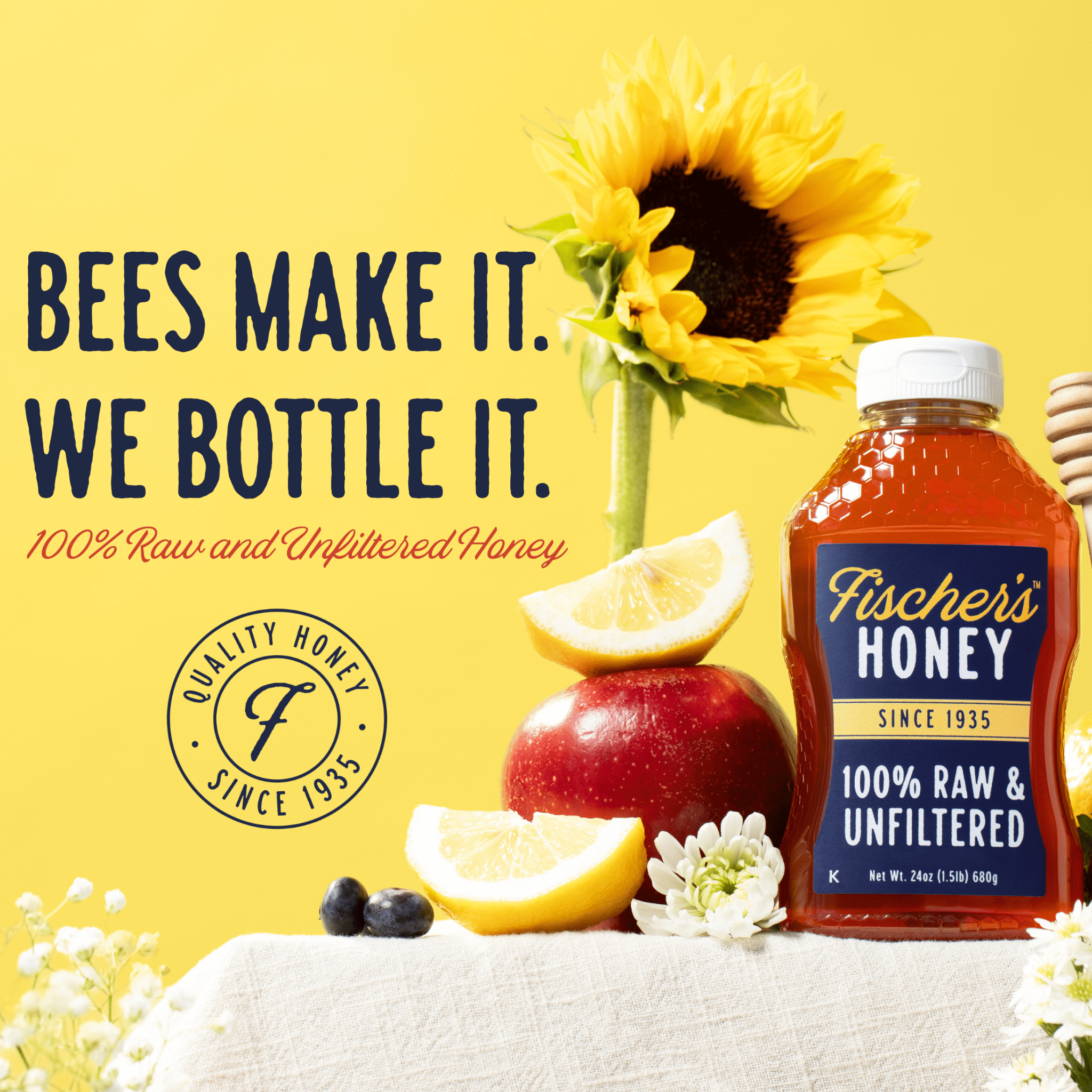 (12 pack) Fischers Honey, 24oz Raw and Unfiltered, Premium, Pure, Squeeze Bottle