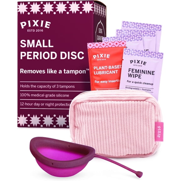 Pixie Menstrual Disc for Feminine Care - Ranked 1 for Best Tampon Alternative Period Disc - 100% Medical-Grade Silicone - Removes Like a Tampon - Wear 12 Hours - Capacity of 3 Tampons (Small)