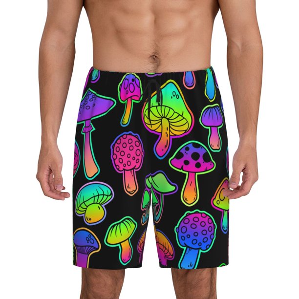 Balery Bright Mushrooms Pantalones cortos de pijama de punto de algodón para hombre con cinturilla y bolsillos-X-Large