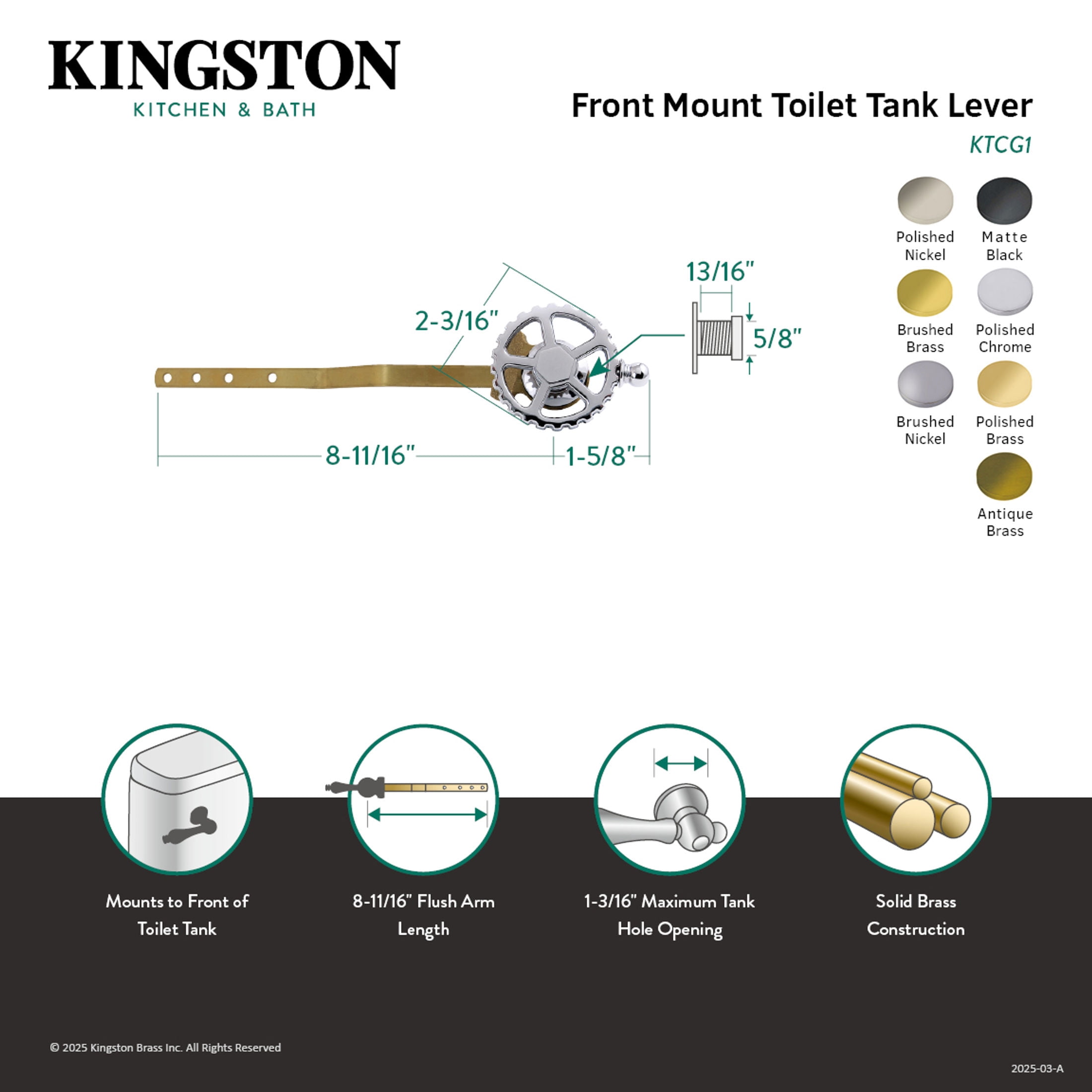Kingston Brass KTCG8 Fuller Front Mount Toilet Tank Lever in Brushed Nickel