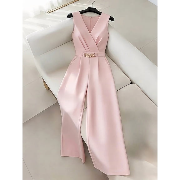 Womens Minimalist V Neck Jumpsuit Sleeveless Cinched Waist Wide Leg Decor