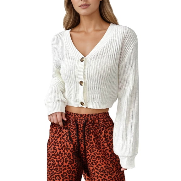 Essentials Women's Sweater Solid Long Sleeve V Neck Button Down Cardigan Elegant Cropped Slim Knitted Fall Winter Clothes