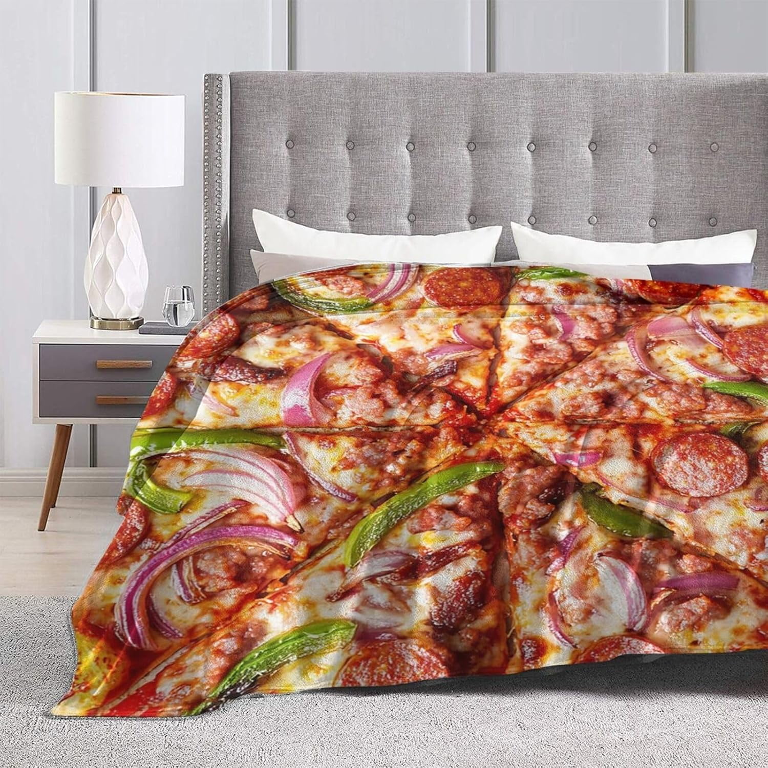 Pizza Blanket Realistic Food Blankets for Women men Funny Onion Sausage Pepper Cheese Fleece Throws Cozy Flannel Warm Plush Stuff for Bed Decor Gifts for Pizza Lovers Users Men Women 50"x40"