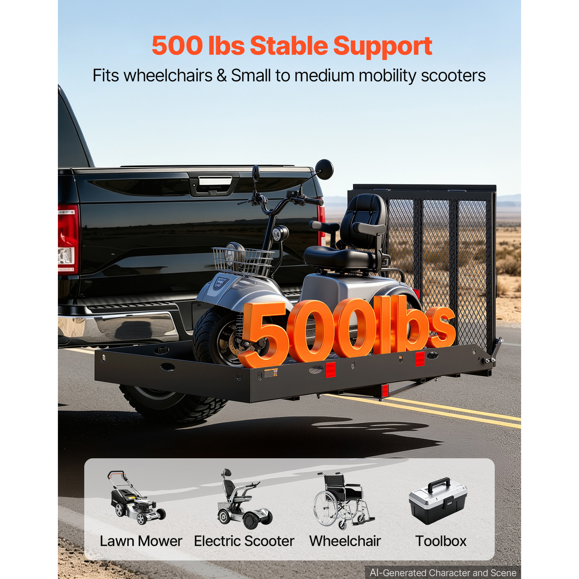 KFFKFF Hitch Mount Wheelchair Carrier with Adjustable Height, 500LBS Capacity Steel Mobility Scooter Basket, Double-Folding Ramp & Stabilizer, Compatible with 2" Hitch Receivers for Trucks, 60" x 33"