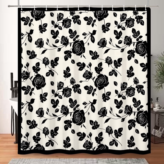 MIZHONA Black and White Shower Curtain Vintage Rose Floral Waterproof Fabric Bathroom Curtain 72x72 in