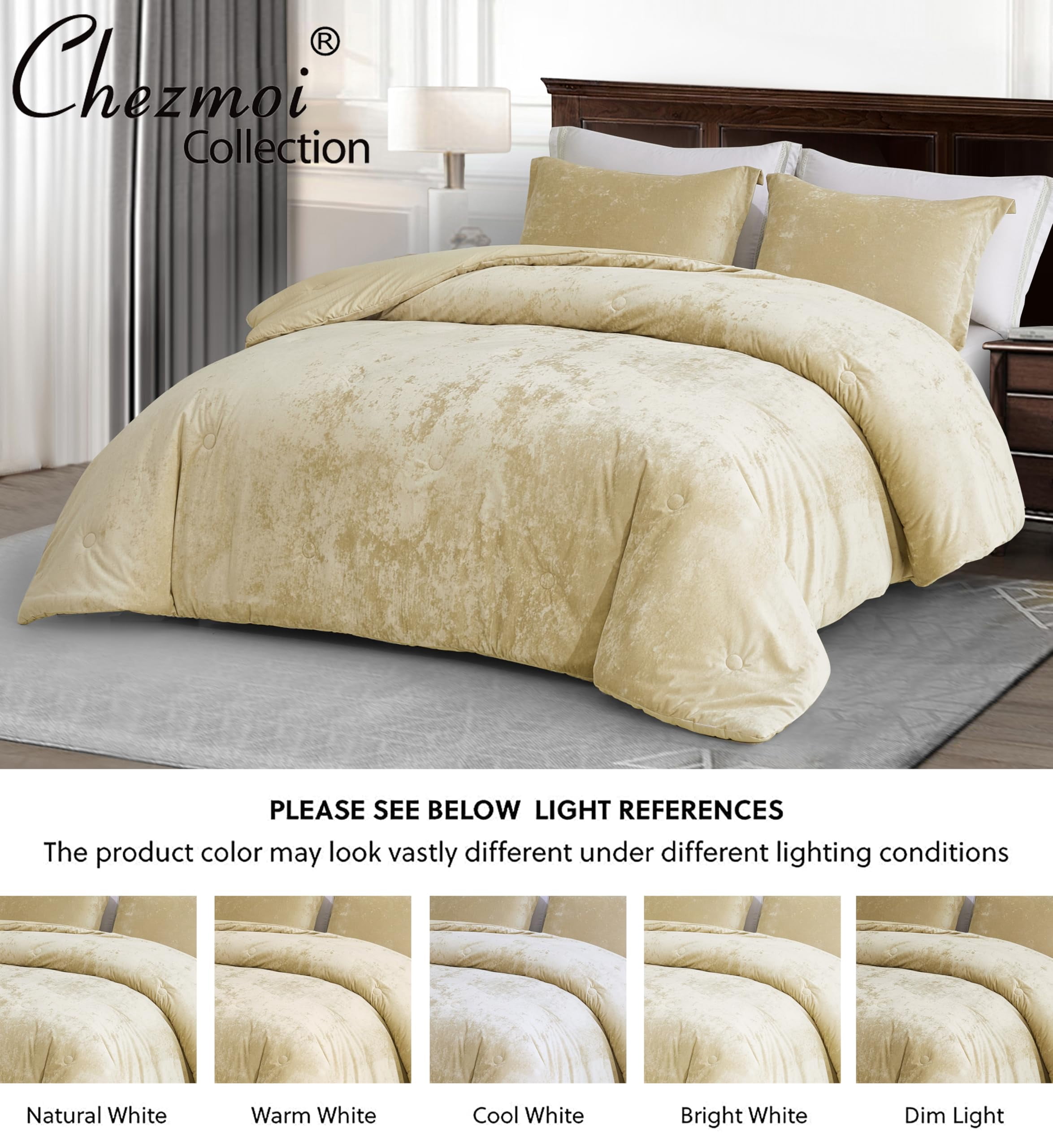 Chezmoi Collection Lux 3-Piece Beige Velvet Comforter Set King Size, All Season Lush Plush Velvet Bedding Set with Soft Washed Microfiber Reverse