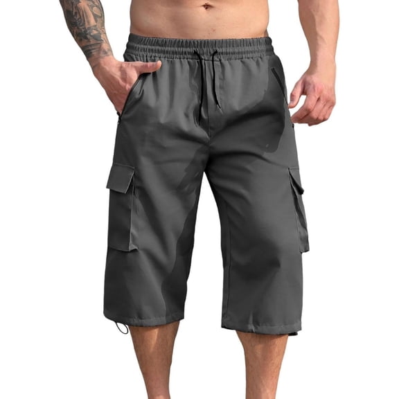 GrmtClth Mens 3/4 Length Mid Calf Capri Cargo Shorts Urban Casual Style Zippered Side Storage Pockets Elastic Waist Daily Commute Outdoor Activity Shorts Dark Gray M