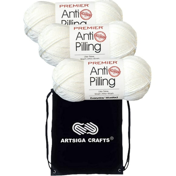Premier Yarns Everyday Anti-Pilling Solid Snow White DN100-1 (3-Skeins - Same Dye Lot) #4 Worsted Weight Acrylic Yarn for Crocheting and Knitting with Project Bag