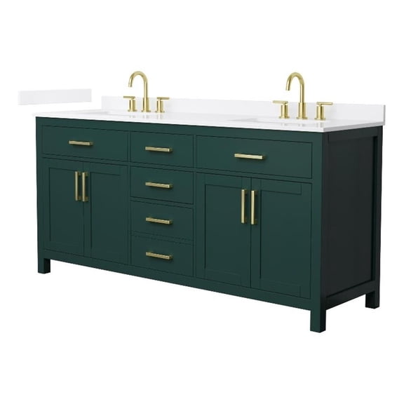 Beckett 72" Green Double Vanity & White Quartz Top (3-Hole) & Gold Trim