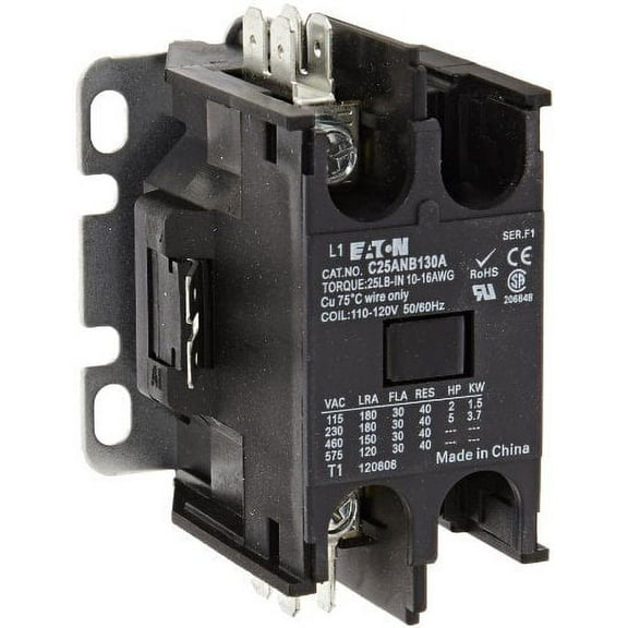 Eaton C25ANB130A Compact Definite Purpose Contactor, 30A Inductive Current Rating, 2 Max HP Rating at 115V, 5 Max HP Rating at 230V, 120VAC Coil Voltage