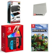 Nintendo Switch OLED Console Neon Red & Blue with Minecraft, Accessory Starter Kit and Screen Cleaning Cloth Bundle