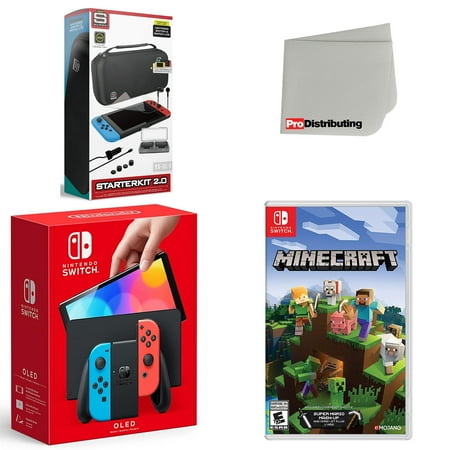 Nintendo Switch OLED Console Neon Red & Blue with Minecraft, Accessory Starter Kit and Screen Cleaning Cloth Bundle