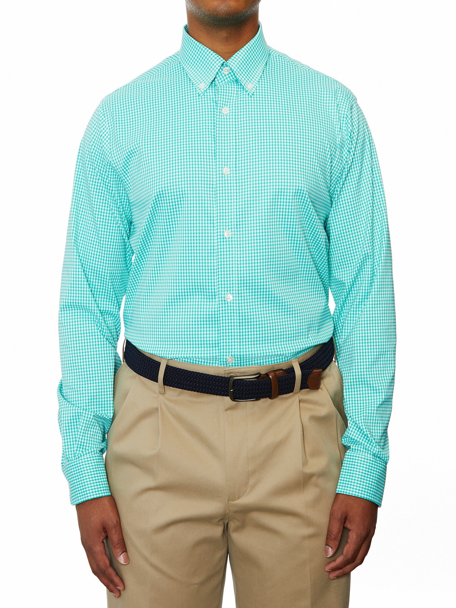 Lands' End Mens RegularFit Green Check Dress Shirt