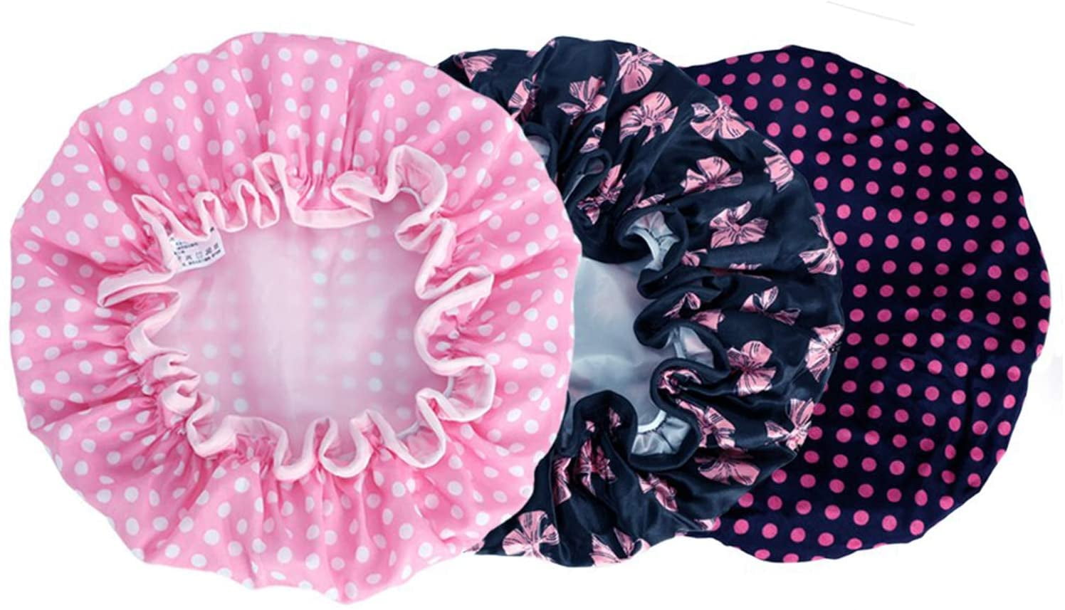 3 Packs Double layer Shower Cap Waterproof Elastic Bath Cap for Women