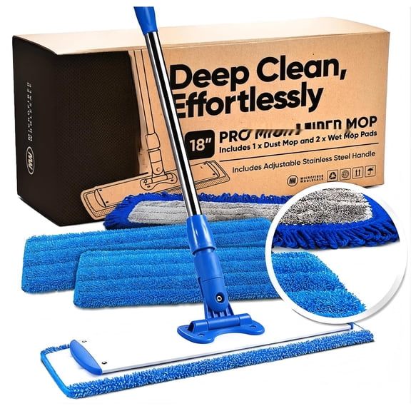 18” Pro Microfiber Hardwood Floor Mop - Cleans Floor in Seconds | Dust & Mopping | Hardwood, Tile, Laminate & Vinyl with 3 Washable Pads, No Buckets Needed with Deluxe Household Mop