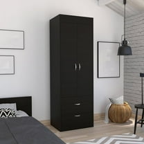 Dtwnek Double Door Cloth Storage Cabinet with Rod and 2 Drawers and Metal Handle, Perfect for Living Room, Bedroom, Black