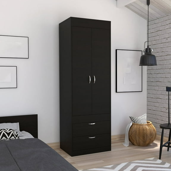 Dtwnek Double Door Cloth Storage Cabinet with Rod and 2 Drawers and Metal Handle, Perfect for Living Room, Bedroom, Black
