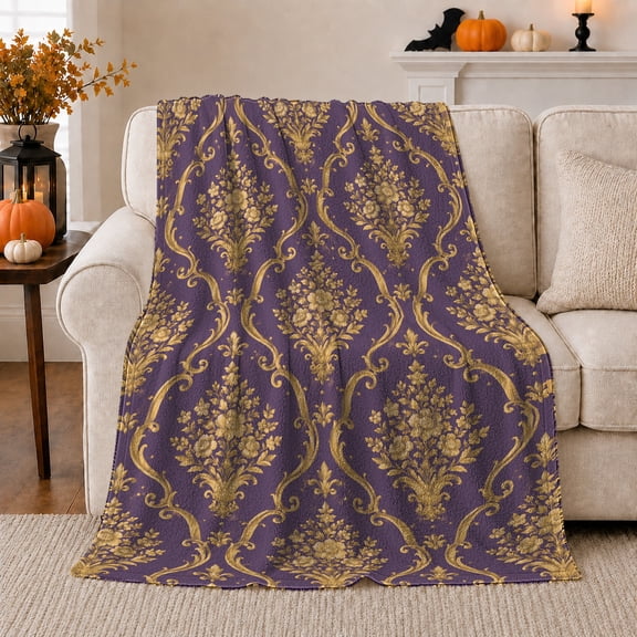 Gold Floral Damask on Purple Field, Elegant Vintage Style for Pattern Lovers, Ornate Baroque Floral Pattern and Housewarming Gift, Cozy Flannel Blanket for Bedroom and Guest Room, Home Decor
