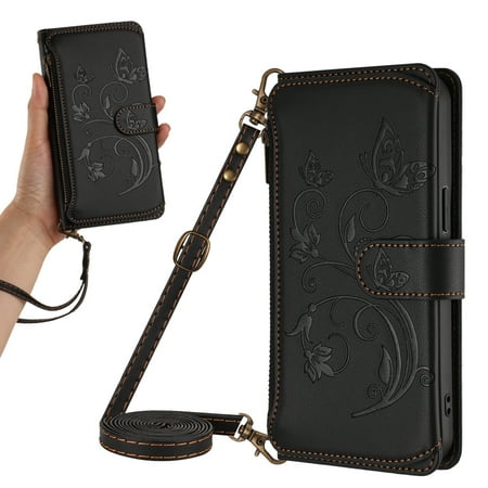 Stylish All-in-One Zipper Wallet Case for Google Pixel 8 with Crossbody Strap & Wrist Strap, Card Holders Cash Pocket Kickstand Embossed Floral Premium PU Leather with Magnetic Clasp, Black
