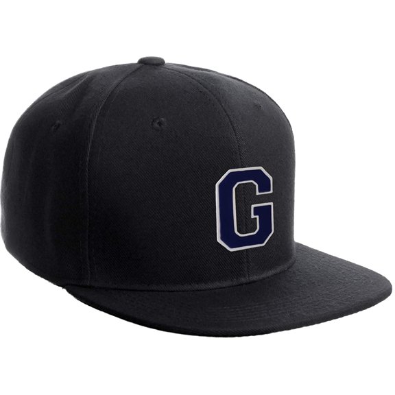 Classic Snapback Hat Custom A to Z Initial Raised Letters, Black Cap White Navy