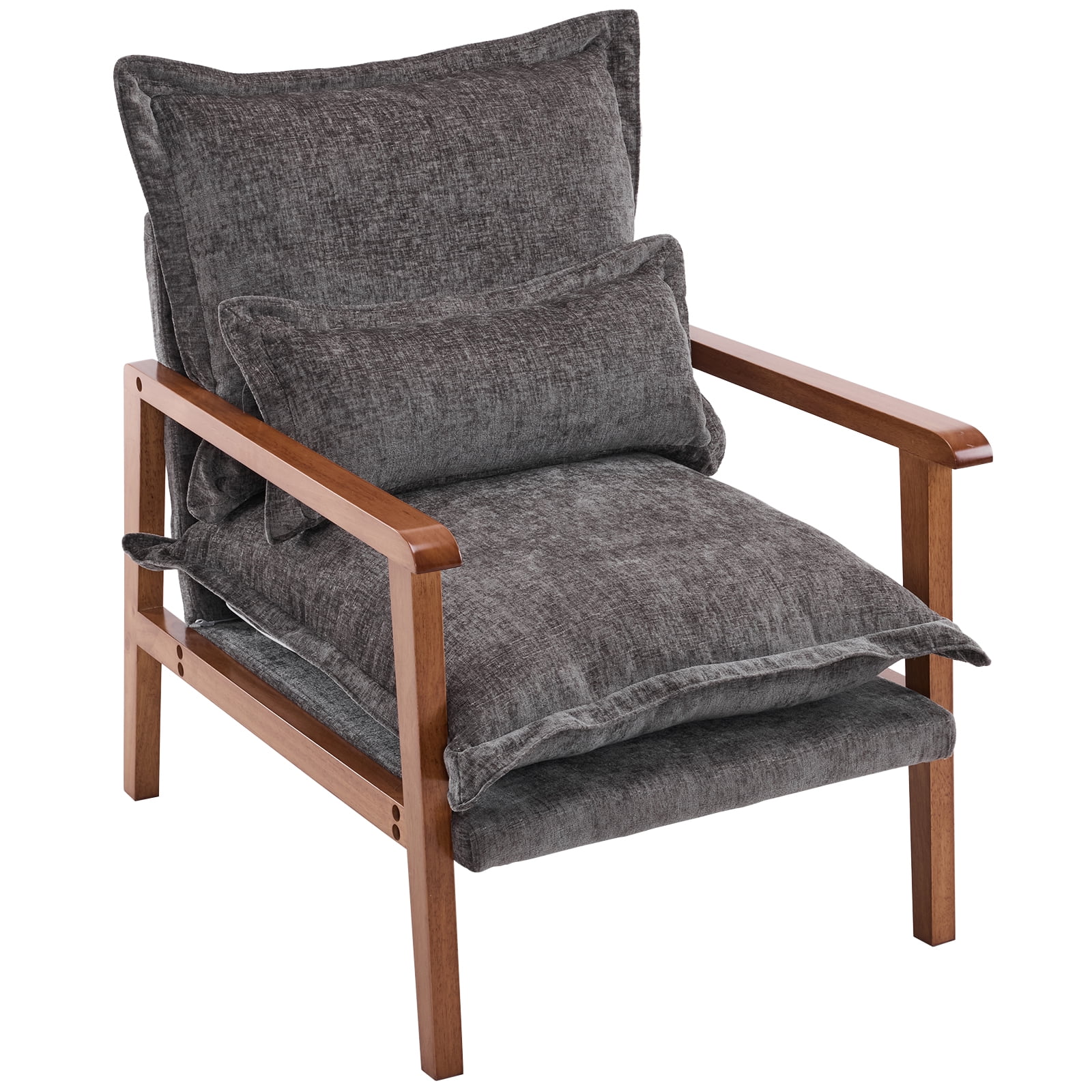 Cloud Shaped Indoor Leisure Chair with Solid Wood Armrest & Frame, Chenille Fabric Accent Chair with Lumbar Pillow, Dark Grey