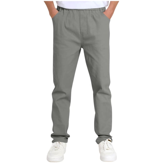 Boys Casual Chino Pants Elastic Waist Pull-On Trousers with Pockets Lightweight Comfortable Straight Leg Twill Bottoms for School Uniform Everyday Wear