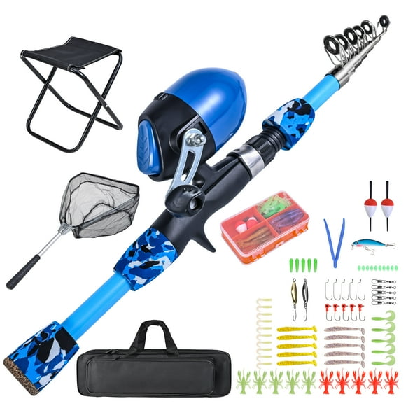 Riwcyla Fishing Rod and Reel Combo with Collapsible Fishing Stool Landing Net Telescopic Fishing Tackle Box Accessories for Boys and Girls