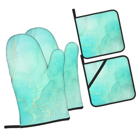 

Tebeau Cyan Mint Marble Print 4 Pcs Oven Mitts and Pot Holders 500°F High Heat Resistant Kitchen Oven Mitts with Pot holders Long Oven Mitts for Baking and Cooking