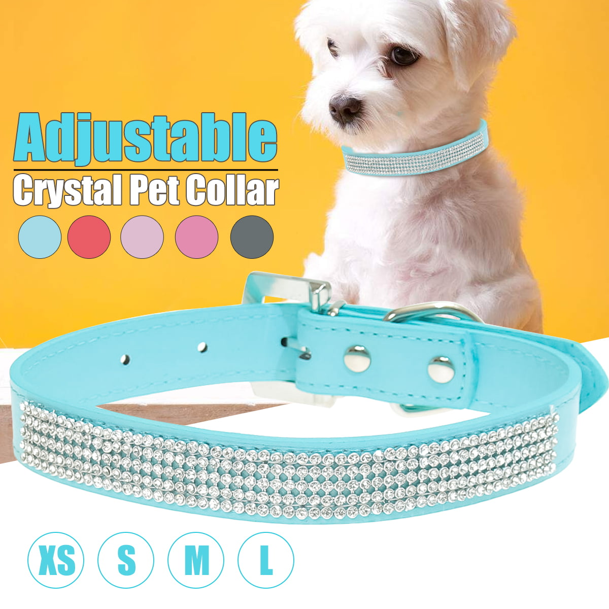 HOOTMALL Rhinestones Pet Dog Collars Adjustable Sparkly Crystal Studded Genuine Leather Pet Collar for Puppy Small and Medium Dog